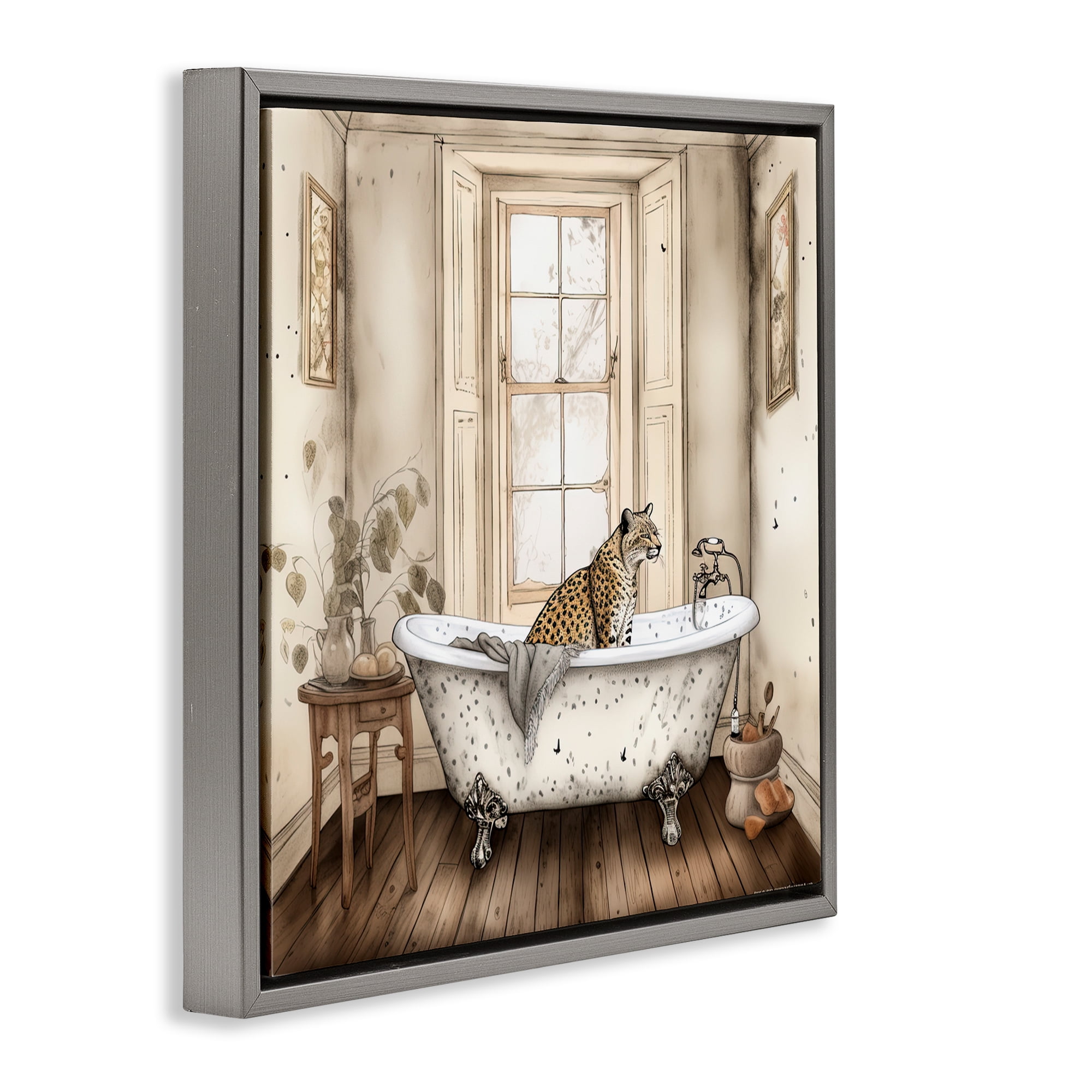 Neutral Leopard Bathtime Gray Framed Floater Canvas Wall Art, design by Sasha