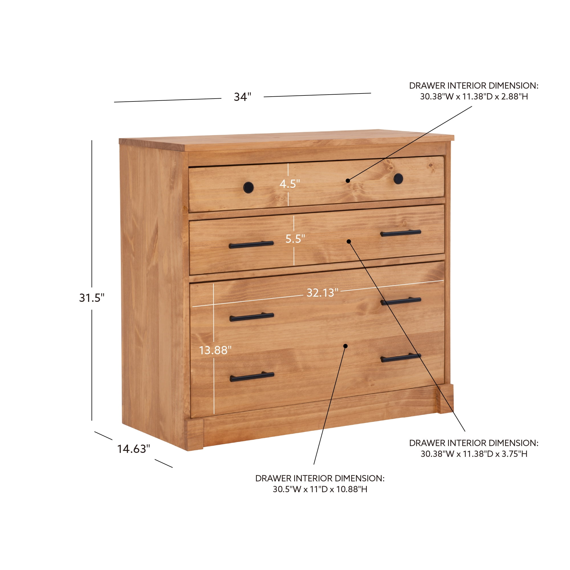 Linon Vikki 3-Drawer Bookcase Chest, Rustic Honey