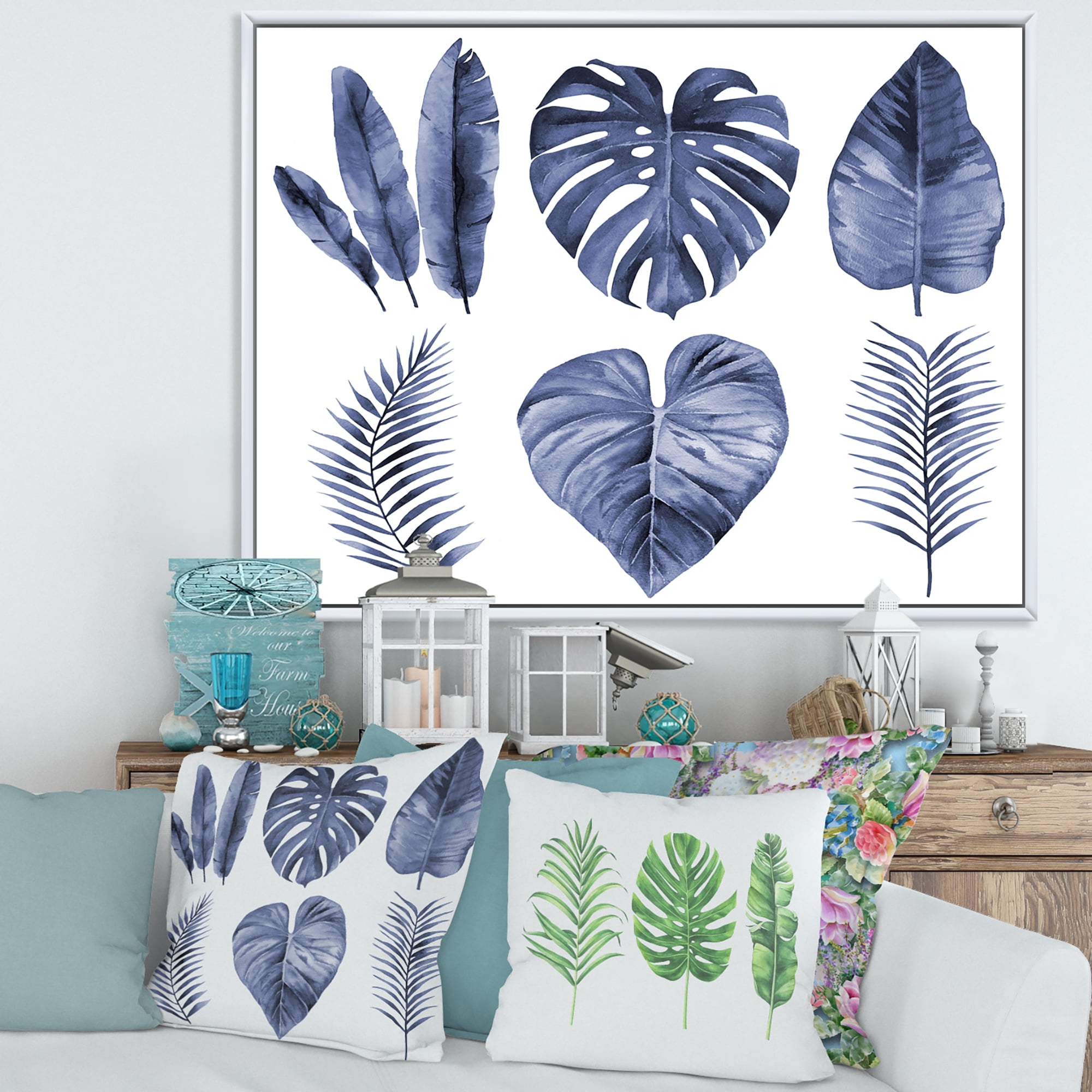 Designart 'Blue Watercolour Tropical Leaves I' Farmhouse Framed Canvas Wall Art Print