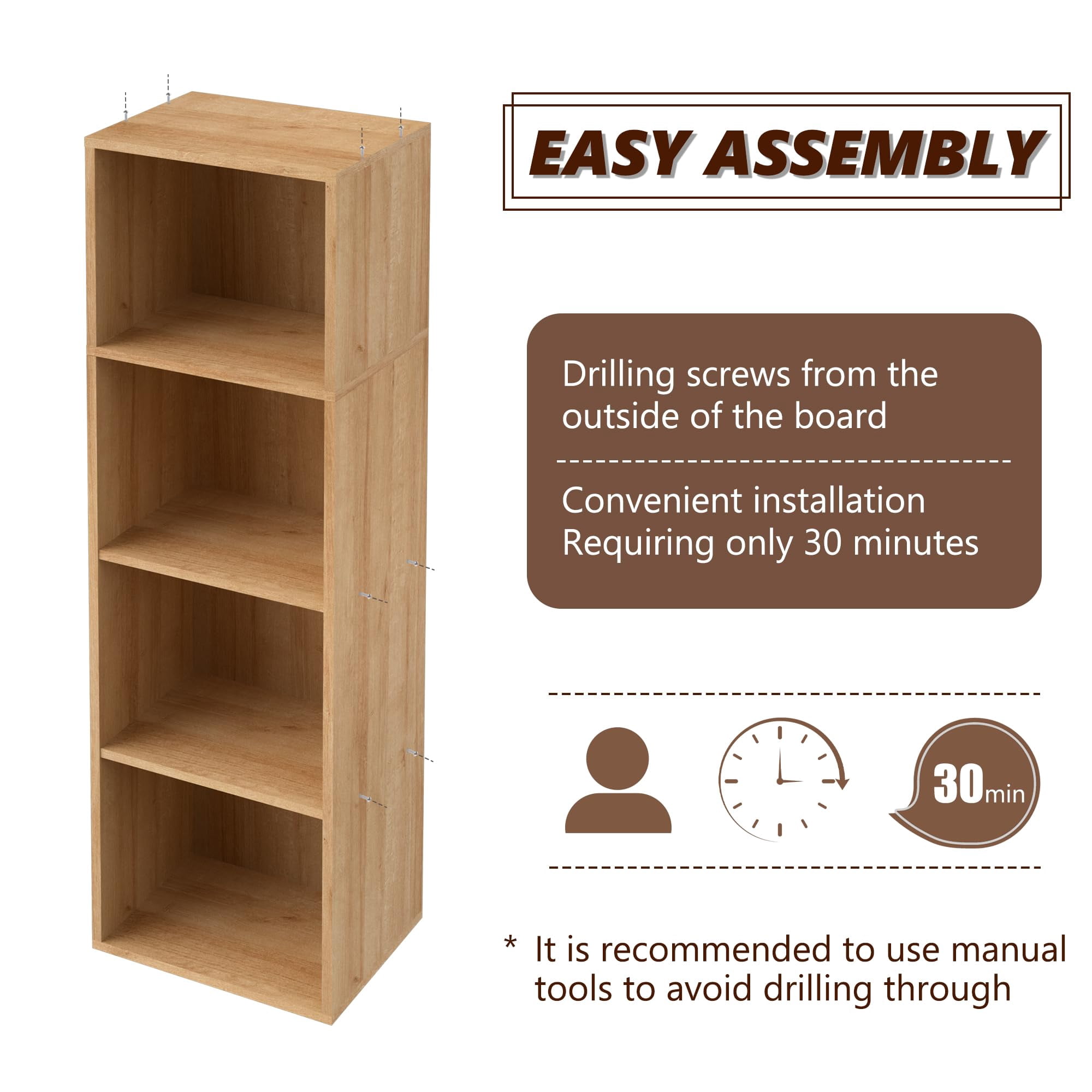 VAFHYLLIS Brown 4 Cube Storage Organizer, 4 Tier Cube Bookcase Freestanding Storage Display Organizer for Home Office, Four Cubes Open Shelf Bookshelf