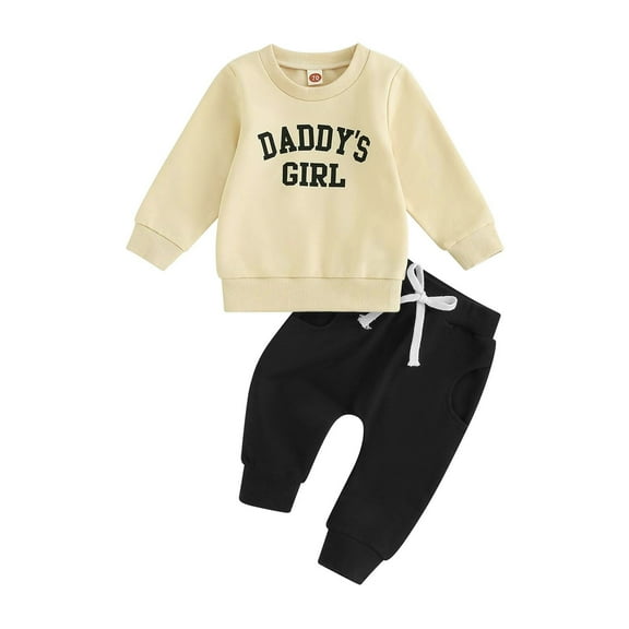 Bysome Toddler Girls Outfit Set Daddys Baby Fall Winter Outfit Sweatshirt Pants Jumper Sweatpants Suit Long Sleeve Crew Neck Cute Print Girl 2 Pieces Clothes Set Beige Size 2-3 Years