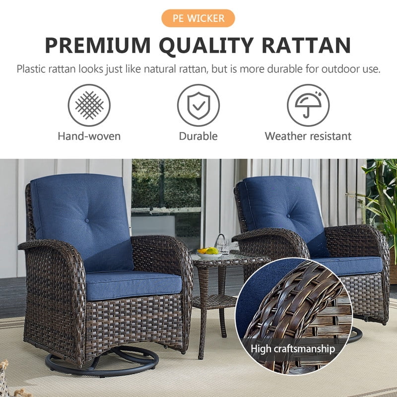 Patio Fire Pit Furniture Set 5-Piece Outdoor Wicker Furniture Set with 43" Propane Gas Fire Pit Table Outdoor Conversation Sofa Set with Swivel Rocking Chairs and Side Table, Blue Cushions