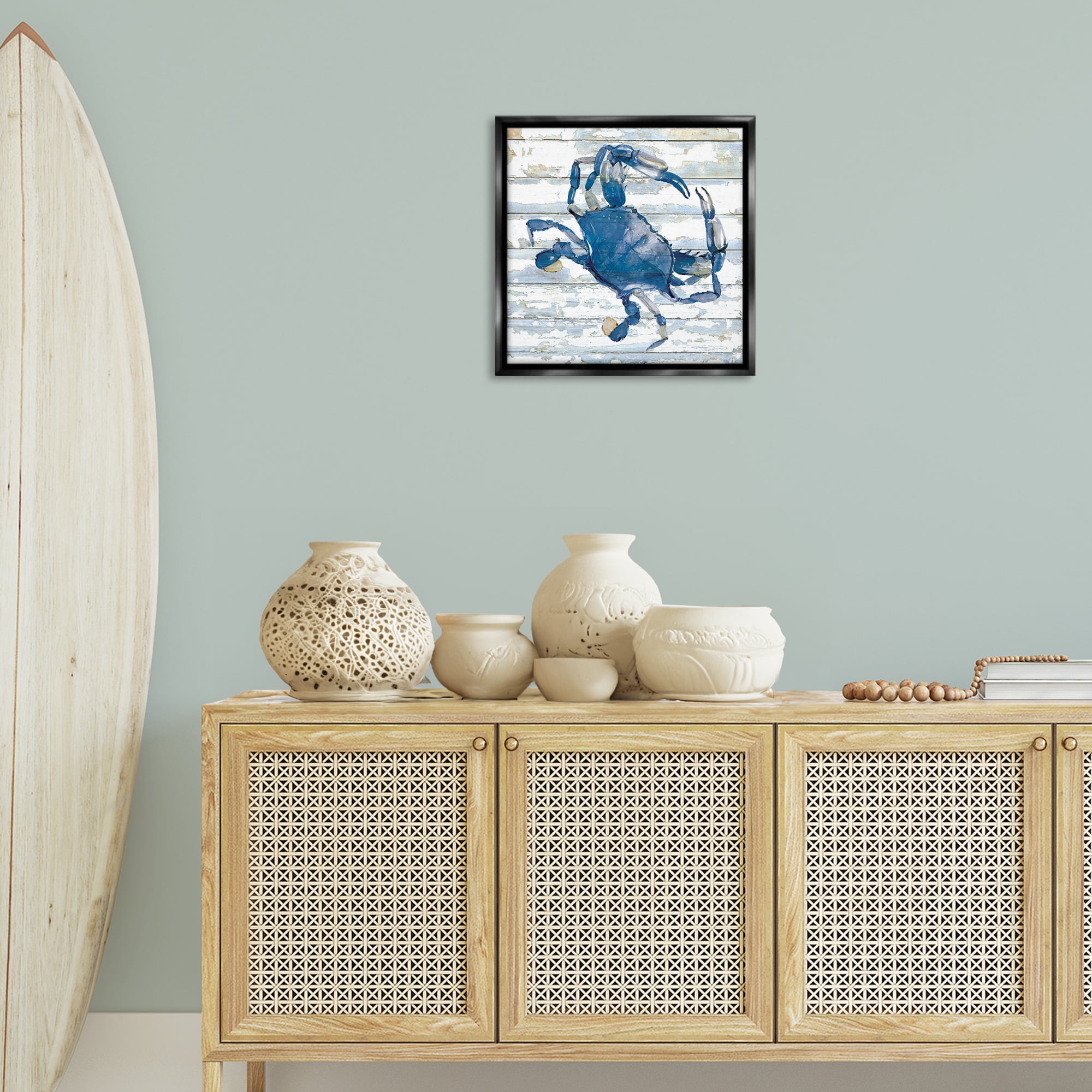 Stupell Industries Blue Crab on Distressed Animals Painting Black Floater Framed Canvas Art Print Wall Art, 18 x 18