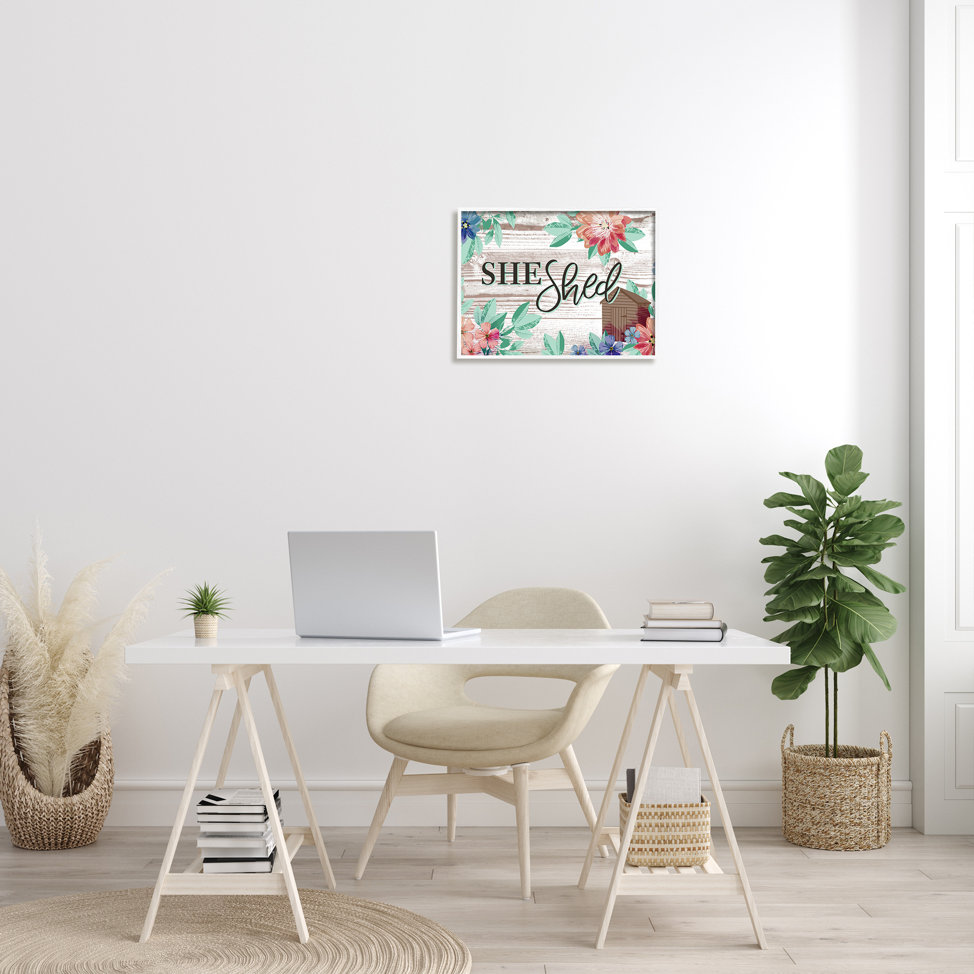 Stupell Industries She Shed Typography Rustic Country Floral Sign Graphic Art White Framed Art Print Wall Art, 16x20, by Jennifer Ellory