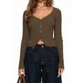 thumbnail image 3 of Women'S Long Sleeve Cardigan Open Front Knit Cropped Sweaters Fall V Neck Button Down Jacket Tops Coffee L, 3 of 10