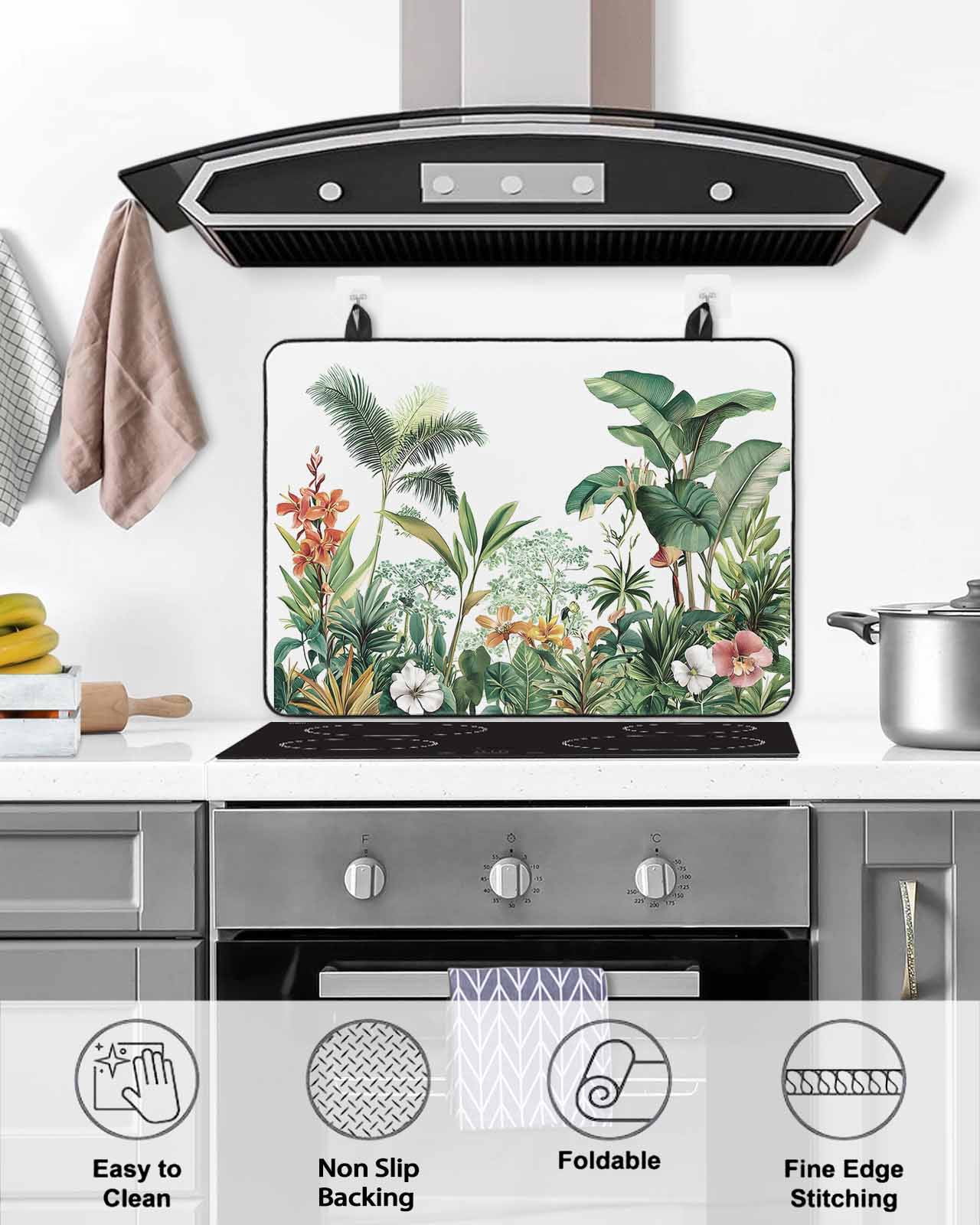 nqOlkjepod Large Induction Cooktop Protector Mat 36"x21", Green Tropical Leaves Stove Top Covers for Electric Stove, Summer Floral Vintage Decorative Stove Burner Cover Mats, Glass Top Stove Cover
