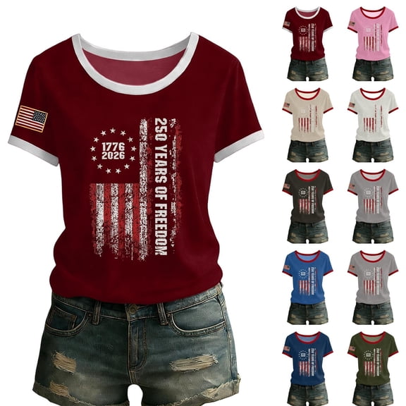 Youpwaven USA 250th Anniversary Merchandise Women's Crew Neck Ringer Tee, "250 Years of Freedom" Flag Print Casual Short Sleeve Pullover Top, America 250 Commemorative Patriotic T-Shirt