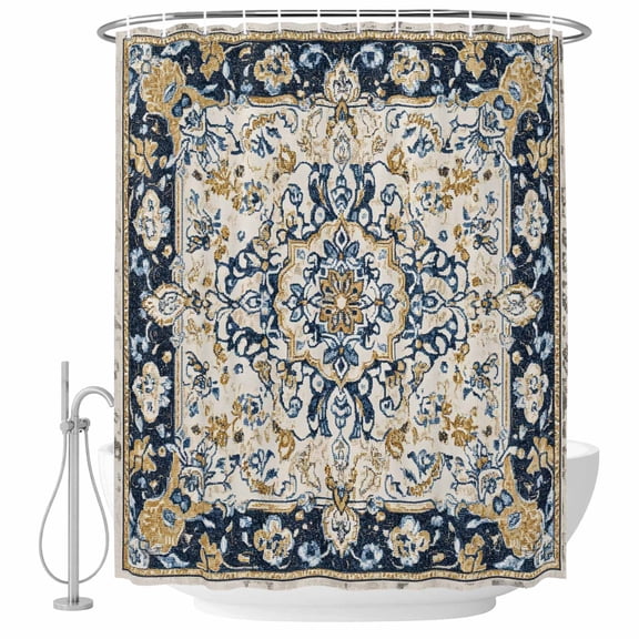 Boho Navy Blue Shower Curtain Set - 72" x 78" Washable Bathtub Curtain with 12 Hooks, Vintage Southwestern Geometric Ethnic Waterproof Fabric Stall Shower Curtains for Bathroom/Bathtub Décor