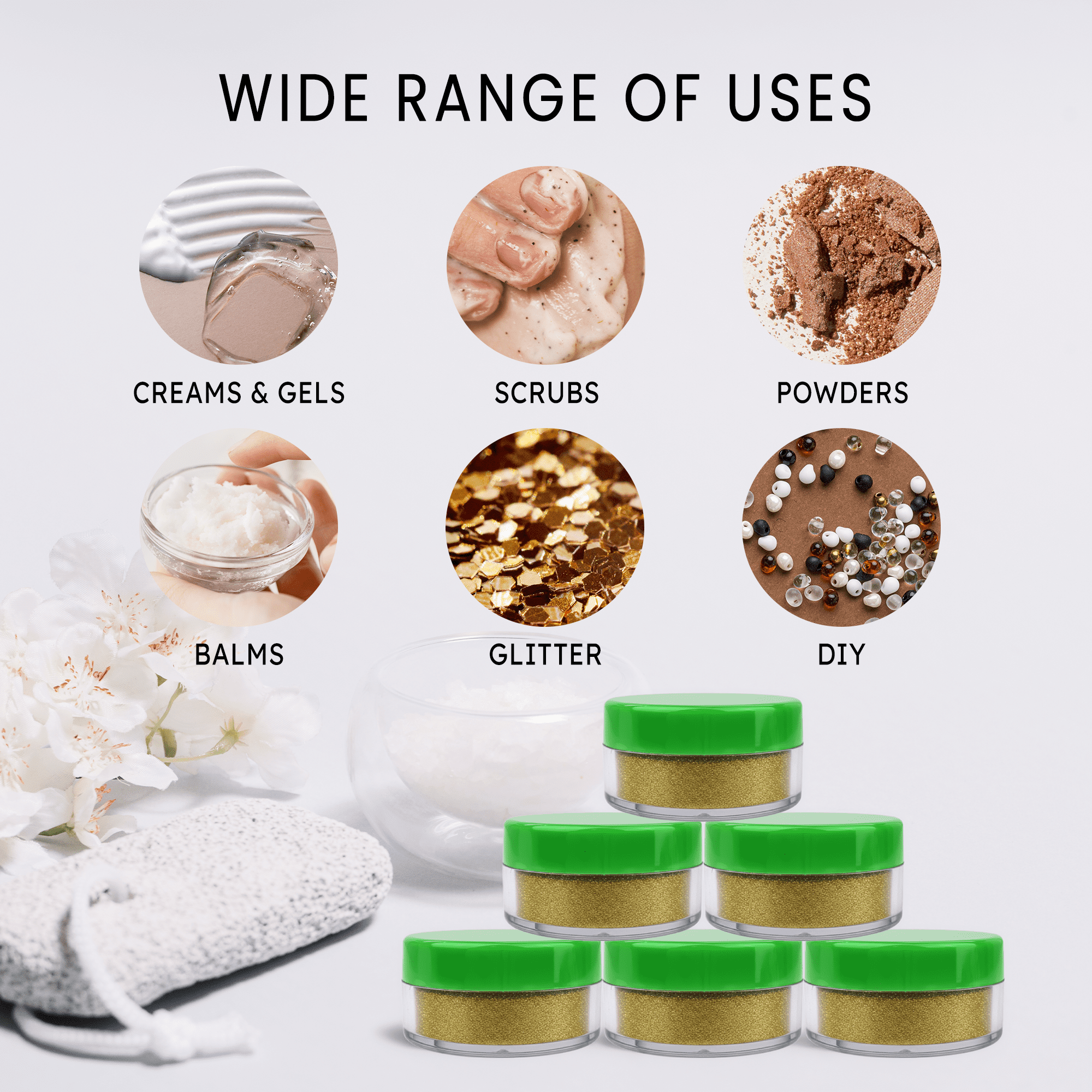 Beauticom 1000 Pieces High Quality 10 Gram 10 ml (0.3 oz) Plastic Clear Round Cream Lotion Beauty Sample Jars with Green Lids