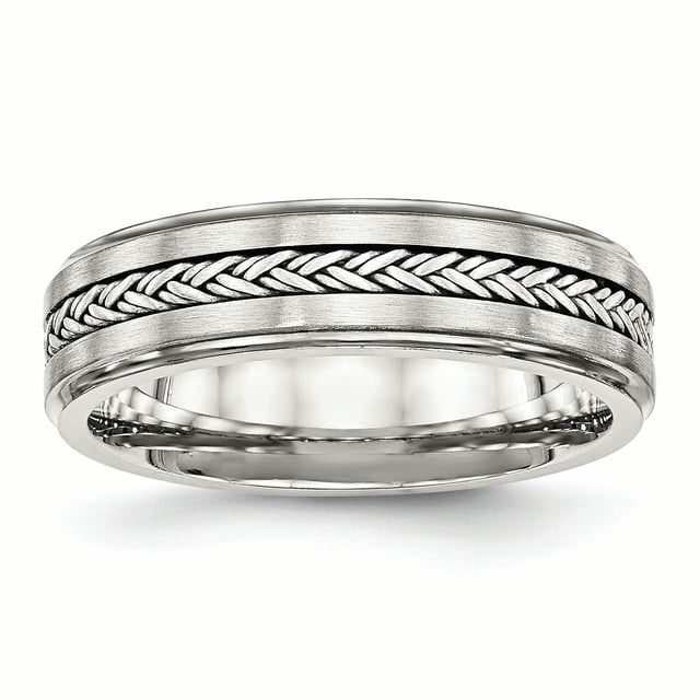 Stainless Steel Polished & Brushed with Silver Braid Inlay Ring 10.5 Size