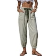 thumbnail image 3 of Womens Summer Striped Barrel Pants Comfy Drawstring Cropped Pant with Pockets Beach Vacation Elastic Waisted Trousers Green L, 3 of 7