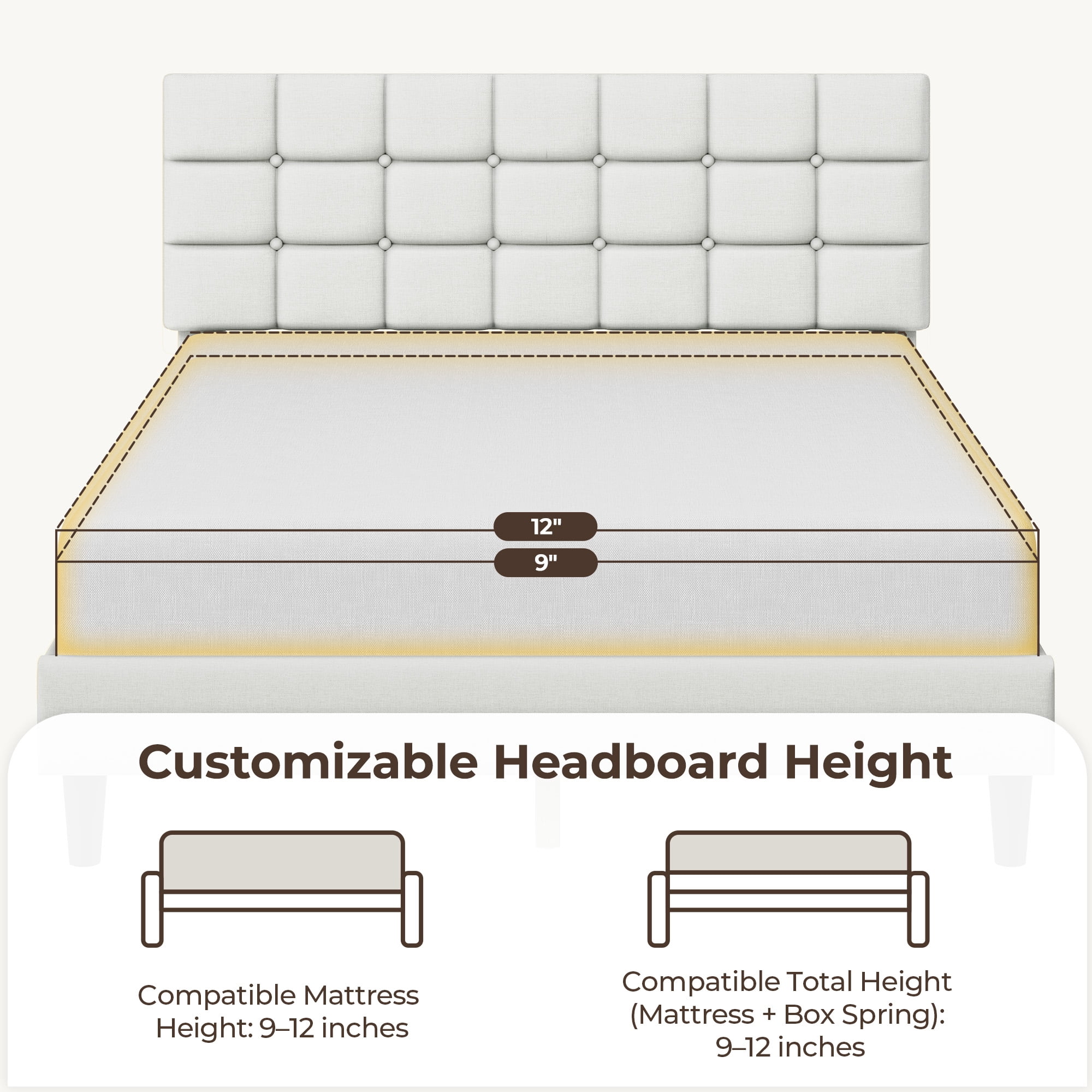 Renwick Queen Size Upholstered Platform Bed with Square Tufted Headboard for Adult, Beige