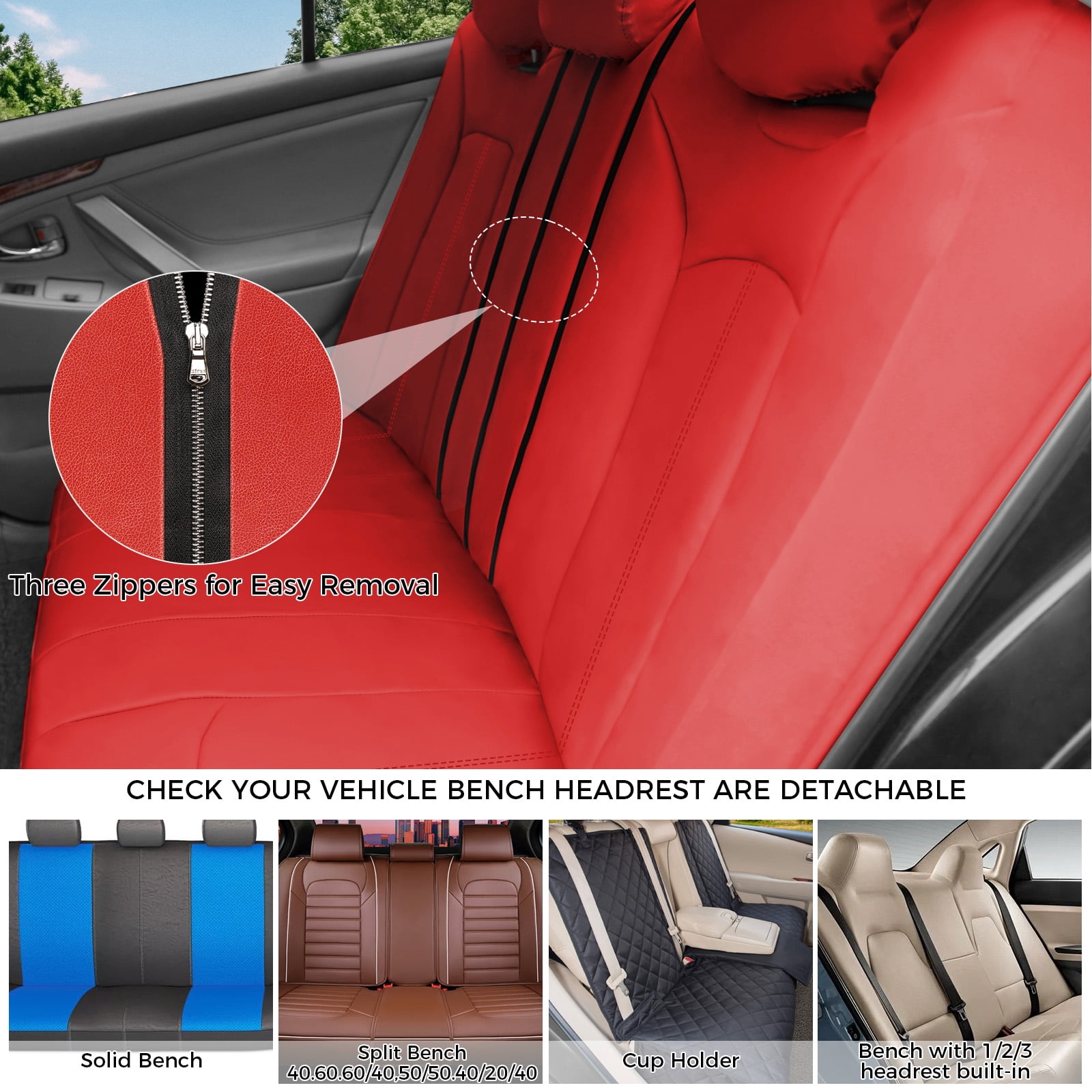 OTOEZ Universal Car Seat Covers Breathable PU Leather & Zipper Design, 5 Seats Full Set Waterproof Cushion Interior Accessories, For Solid Split Bench