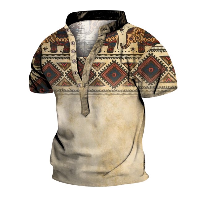Polo à Col Rond Imprimé Floral en Polyester Jaune pour Hommes, T-Shirt Rétro Personnalité 6 Boutons Col Impression Numérique 3D Manches Courtes