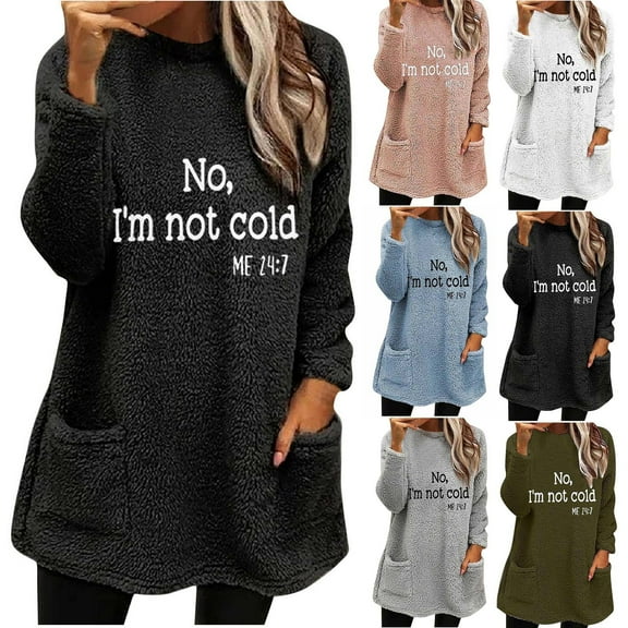 Feancey No,I'm No Freezing Sweatshirt for Women Winter Fuzzy Fleece Warm Pullover Tops Sherpa Thermal Loungewear Furry Casual Pajamas with Pockets Black XL
