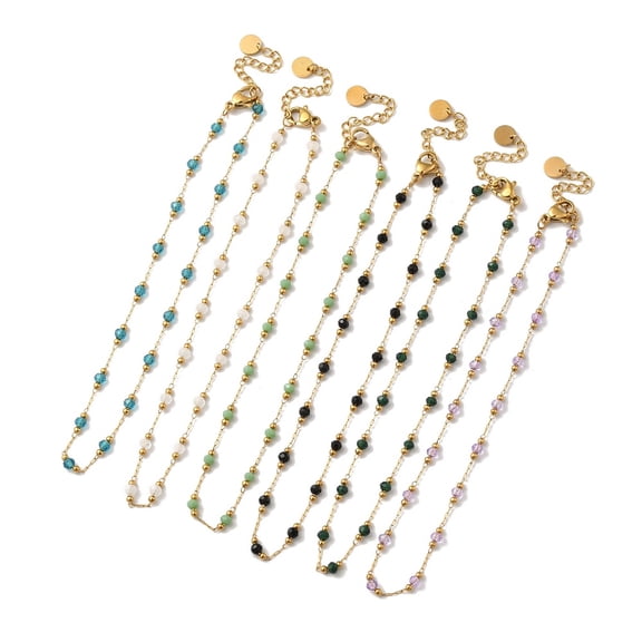 Glass Round Beaded Link Chain Necklace Golden 304 Stainless Steel Jewelry for Women Mixed Color 9.84 inch(25cm) Extension Chain: 4.5cm