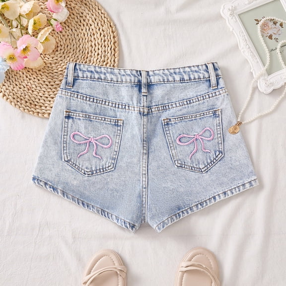 SHenli Jean Shorts for Girls Y2k Baggy High Elastic Waisted Cute Bow Embroidery Summer Denim Shorts 14Y