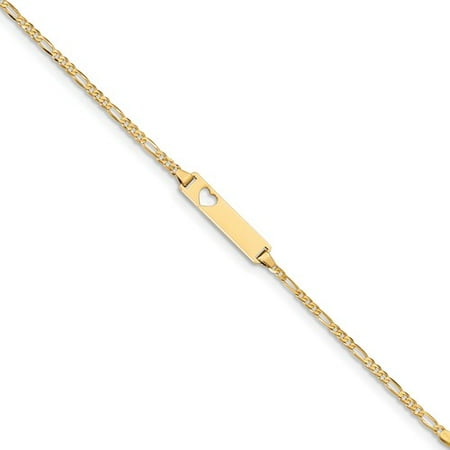 14k Yellow Gold Engravable 5.5in Figaro Link Baby ID Heart Bracelet (Plate: 0.85 x 0.2in)