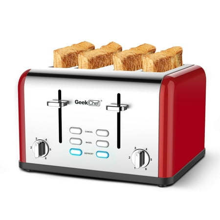 

JKLRPES Toaster 4 Slice Geek Chef Stainless Steel Extra-Wide Slot Toaster 6 Toasting Bread Shade Settings