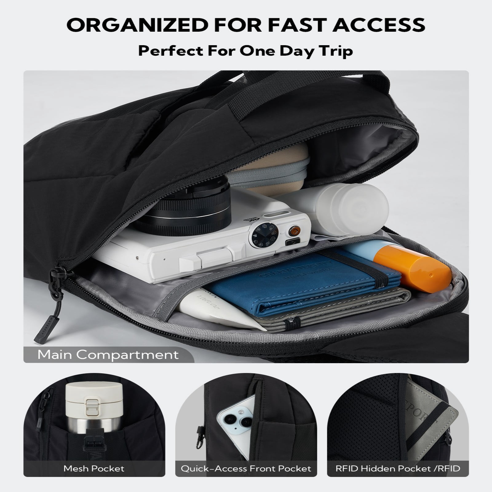 WATERFLY Unisex RFID Blocking Anti Theft Travel Sling Cross-Body Shoulder Chest Bag,Black