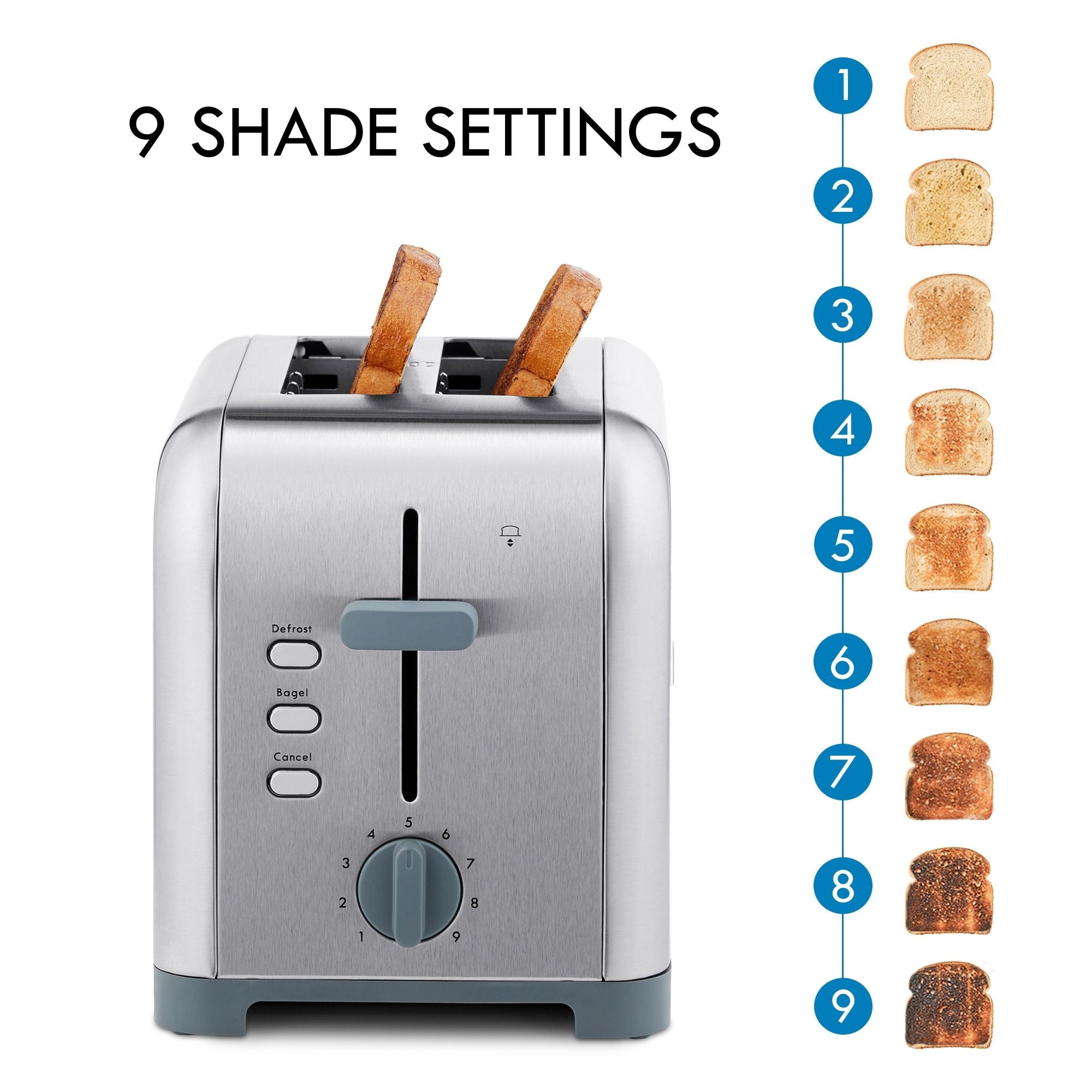 Kenmore 2-Slice Toaster Stainless Steel Wide Slot Bagel & Defrost Functions High-Lift Lever 9 Shade Settings