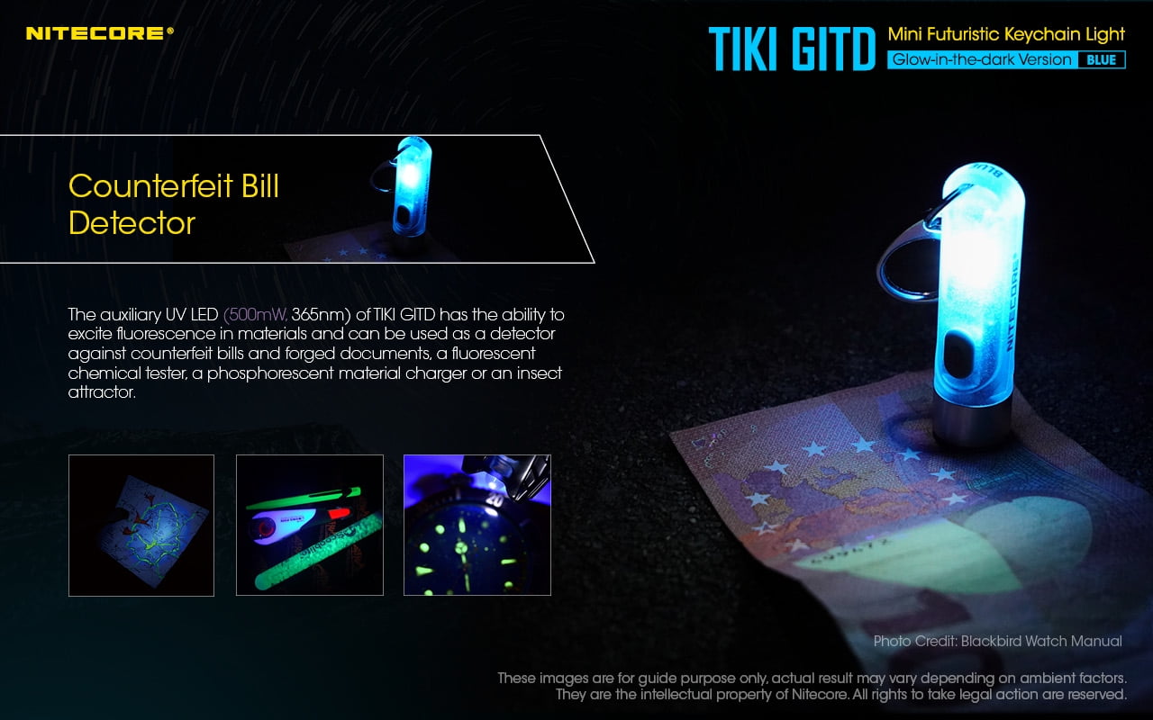 Nitecore TIKI GITD OSRAM P8 LED Rechargeable Keychain Flashlight, 300 Lumens, Bl