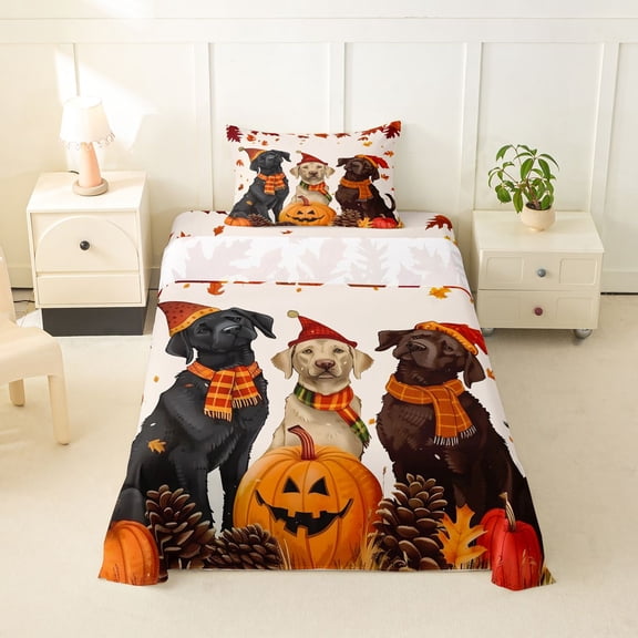 Homewish Vintage Halloween Dog Twin Sheets,Autumn Pumpkin Lantern Bedding,Cream,3-Piece,1 Fitted Sheet and 1 Pillowcase