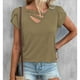 thumbnail image 3 of Mujer Verano Manga Corta Cuello En V Suelto Estilo Casual Color Puro Manga Pétalo Top para Citas Viajar Compras Caqui XL, 3 of 6