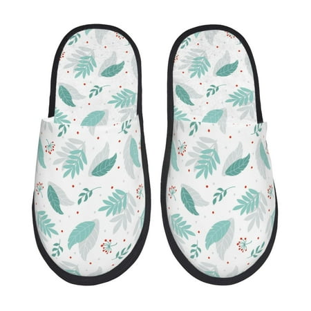 Balery Leaf Print Green Slient Indoor Furry Fleece Comfort House Shoes Soft Non-Slip Home Shoes Cotton slippers House Slippers-- Medium