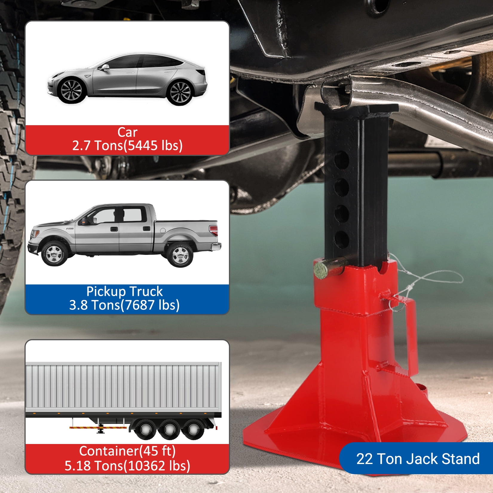 Heavy Duty Steel Car Jack Stands for Luggage Rack Storage – 22 Ton Capacity, Pin Style with Security Lock, Adjustable 13"-19", Set of 2, Garage Organization – 22T*1 Pair