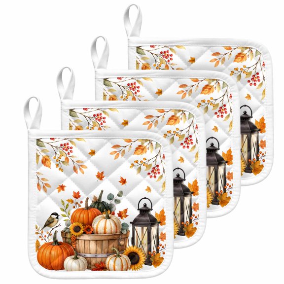 Thanksgiving Pot Holders for Kitchen Heatproof Potholder, 4 Pack White Orange Pumpkin Fall Harvest Maple Leaf Hot Pads Multipurpose Oven Pads Terry Cloth Potholders Trivet for Cooking and Baking