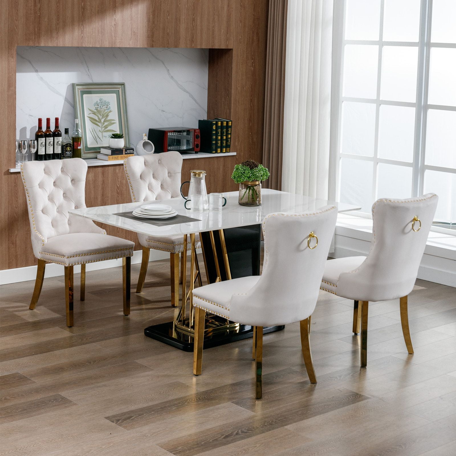 Dining Room Chairs with Velvet Fabric Dining Chairs with Golden Stainless Steel Plating Legs, Backrest and Button Velvet Fabric Design,Luxury Home Furniture for Dining Room(Beige Set of 6)