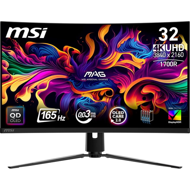 MSI Monitor de Computadora MAG 321CUP QD-OLED 32 Pulgadas 3840 x 2160 (UHD), 165Hz, Sincronización Adaptativa, HDMI, Puerto DP, Montable VESA, Inclinable, Altavoz, 0,03ms, Negro