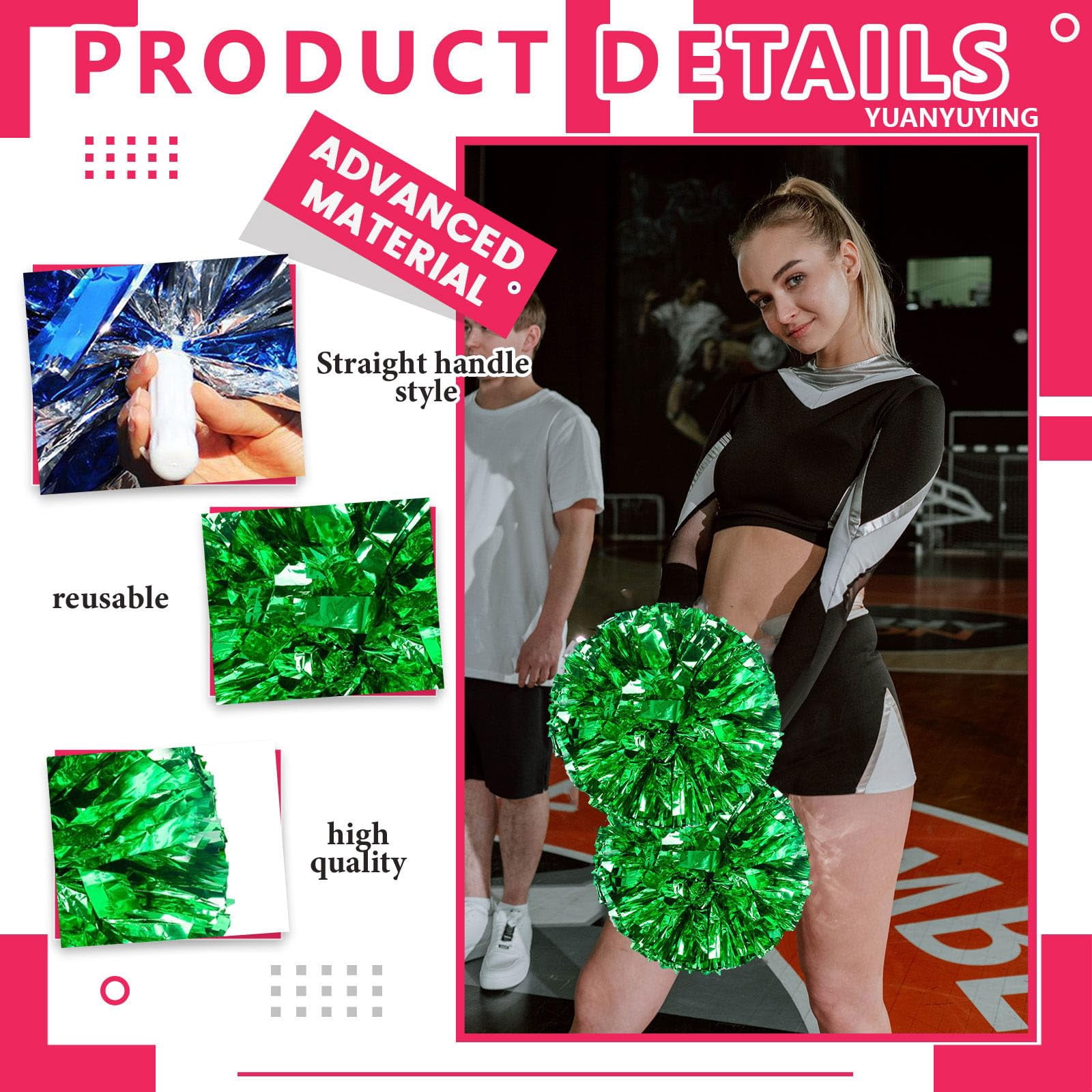 Cheerleading Pom Poms 18 Pcs with Straight Handle, Handheld Squad Pompoms for Sports Team Cheer Spirit Games, Dance Party Adults