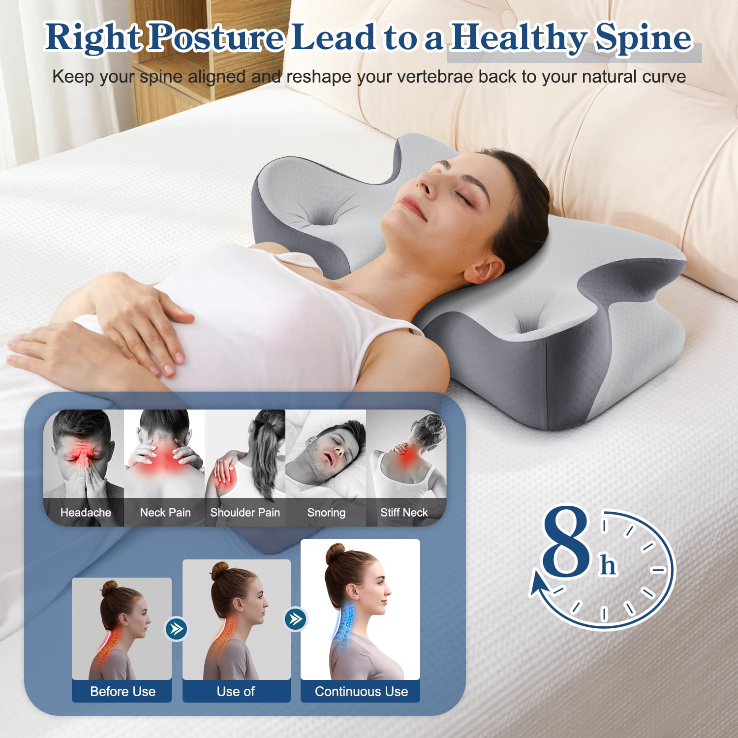 MOONORAH Cervical Pillow for Neck and Shoulder, Ergonomic Side Sleeper Pillow for Neck Support, Contour Memory Foam Pillows for Side Back & Stomach Sleepers with Cooling Pillowcase, Dark Gray