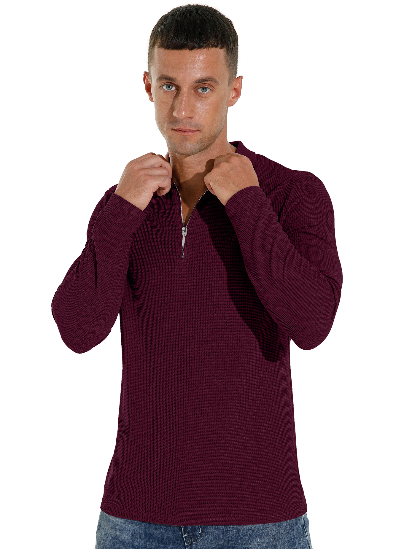 GIRUNS Men's Long Sleeve Quarter-Zip Waffle Knit Polo photo 3
