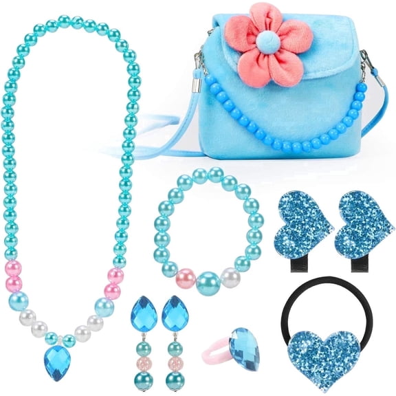 Blue Simulated Pearl Princess Jewelry Toys Set with Plush Crossbody Bag