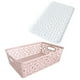 thumbnail image 3 of Caja de almacenamiento de plástico apilable, hueca hacia fuera, delicada canasta de almacenamiento de patrón retro con tapa para ropa, cosméticos, papeles, juguetes, tamaño grande (rosa), 3 of 6