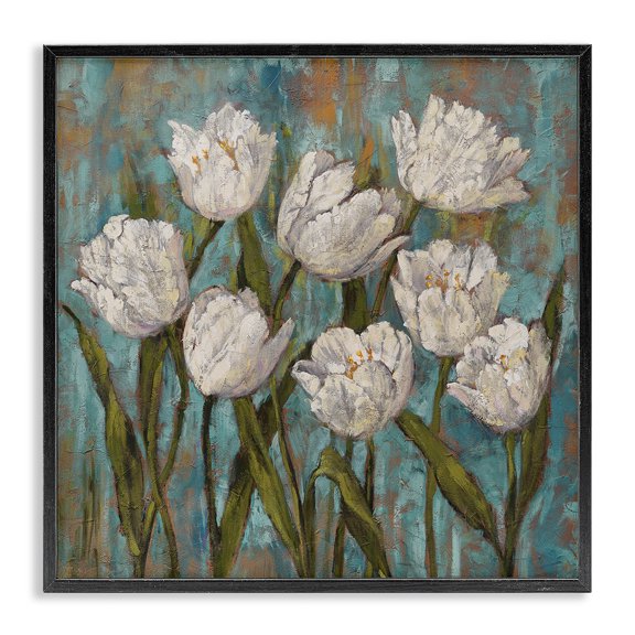 Stupell Industries French Country Vintage Country White Tulips over Distressed Soft Blue Black Framed Giclee Art, 12 x 12, by Brian Francis