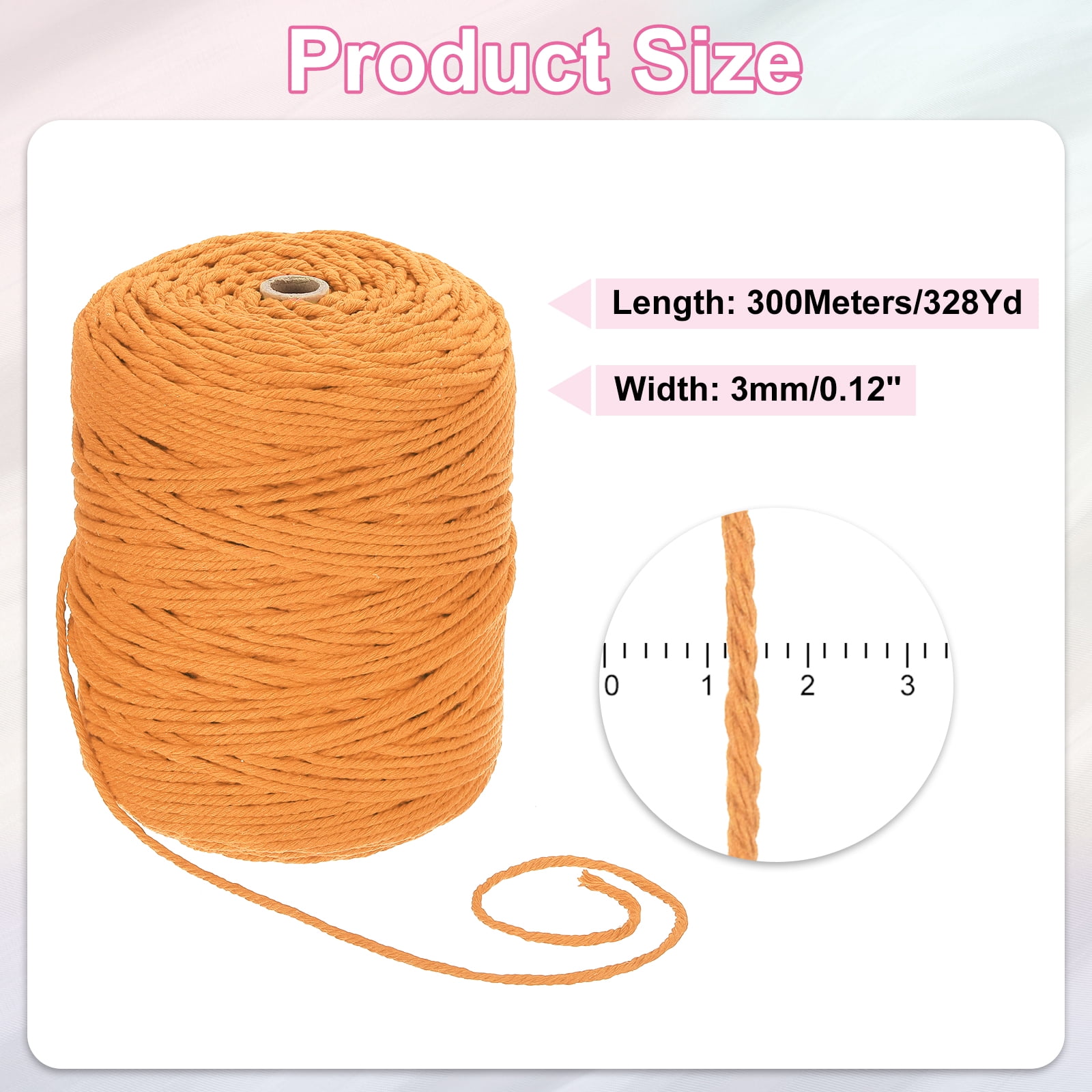 Uxcell Natural Macrame Cord 3mm x 328 Yards 4 Strand Twisted Cotton Macrame Rope for DIY Knitting Plant Wall Hanger Dreamcatcher, Golden Yellow
