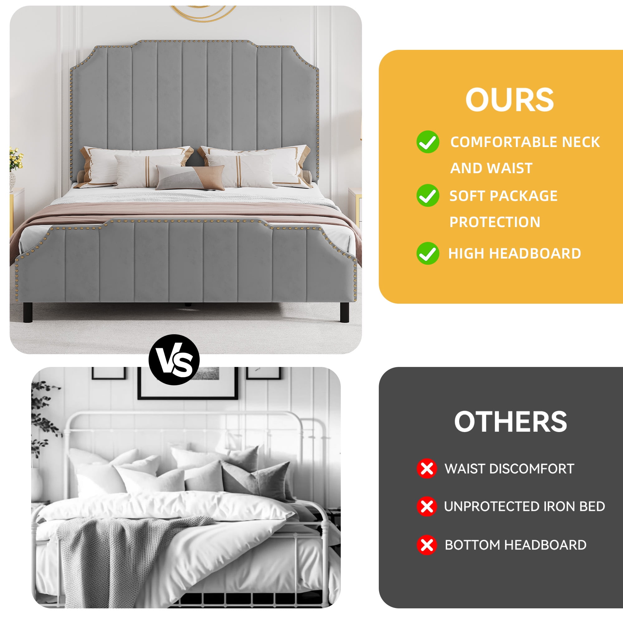 Dextrus Upholstered Queen Bed Frame, Easy Assembly Platform Bed with 61.4'' Headboard and Wooden Slats, No Box Spring Required (Gray)
