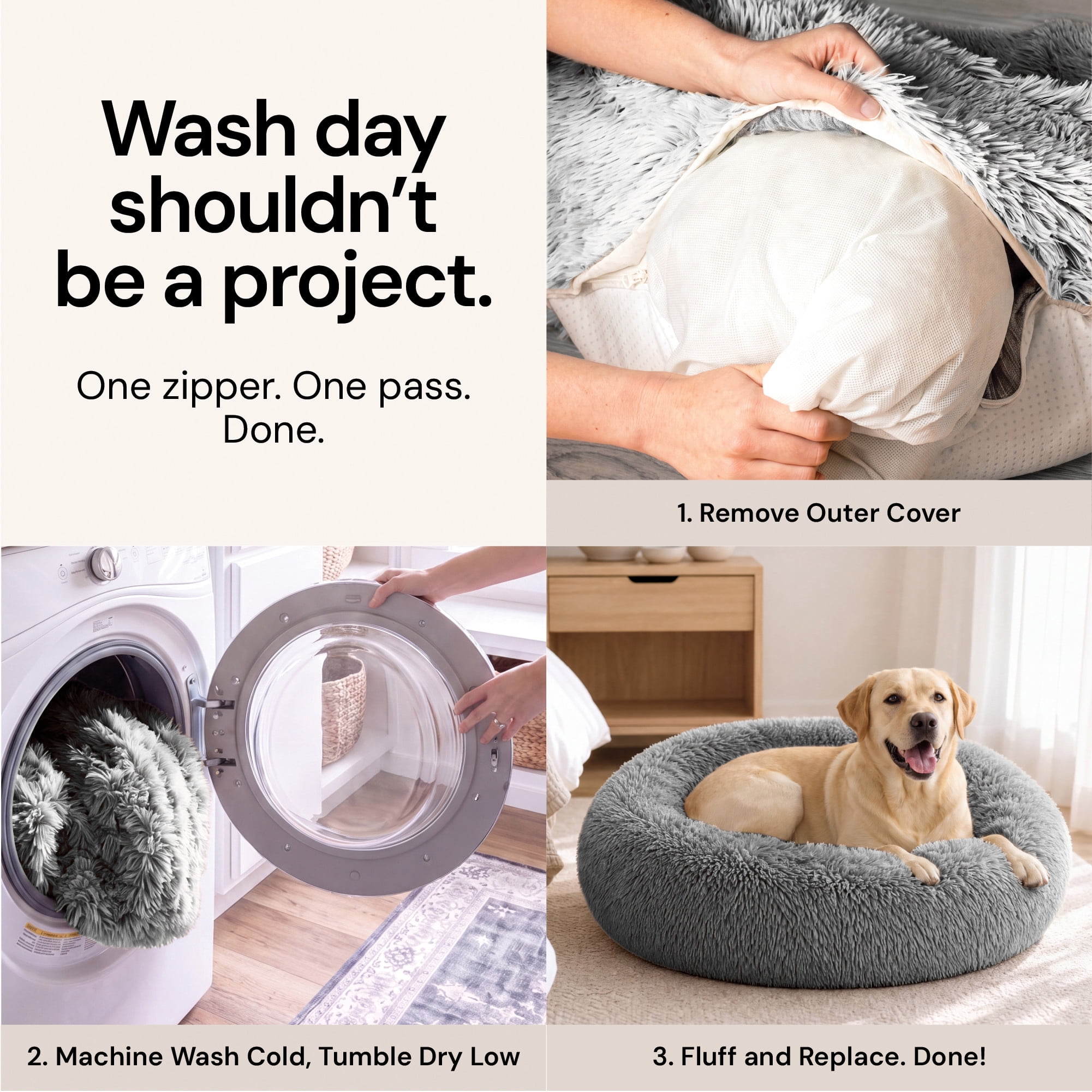Furhaven 36" Round Calming Donut Dog Bed with Washable & Removable Cover & Bolster - Shaggy Plush Long Faux Fur Ball Bed - Mist Gray, For Dogs Up to 75 lbs, Large
