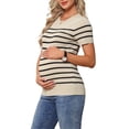 thumbnail image 4 of INSPIRE CHIC Women's Maternity Top Stretchy Knit Sweater Short Sleeve Striped Summer Pregnancy Round Neck Blouse M Black Beige Striped, 4 of 6