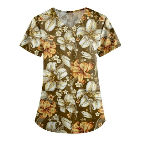 

Yubatuo Women Scrubs Top with Pockets V-Neck Short Sleeve Printed Work Blouse for Women Yellow S