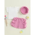 thumbnail image 5 of BemeyourBBs Toddler Baby Girl Summer Fall Spring Clothes Infant Baby Girls 2 Peice Outfit Shorts Set Cute Vintage Little Girls Short Sleeve Pearl 3D Bowknot T-Shirt Ruffle Shorts Beret Hat, 5 of 9
