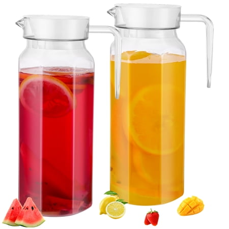 Topekada 2 Pack Plastic Pitcher with Lid and Handle, 1100ml/37oz Clear Water Jug, Heat Resistant, Dishwasher-Safe, Tea Pitchers for Juice, Lemonade, Milk, Coffee, Cold or Hot Beverages