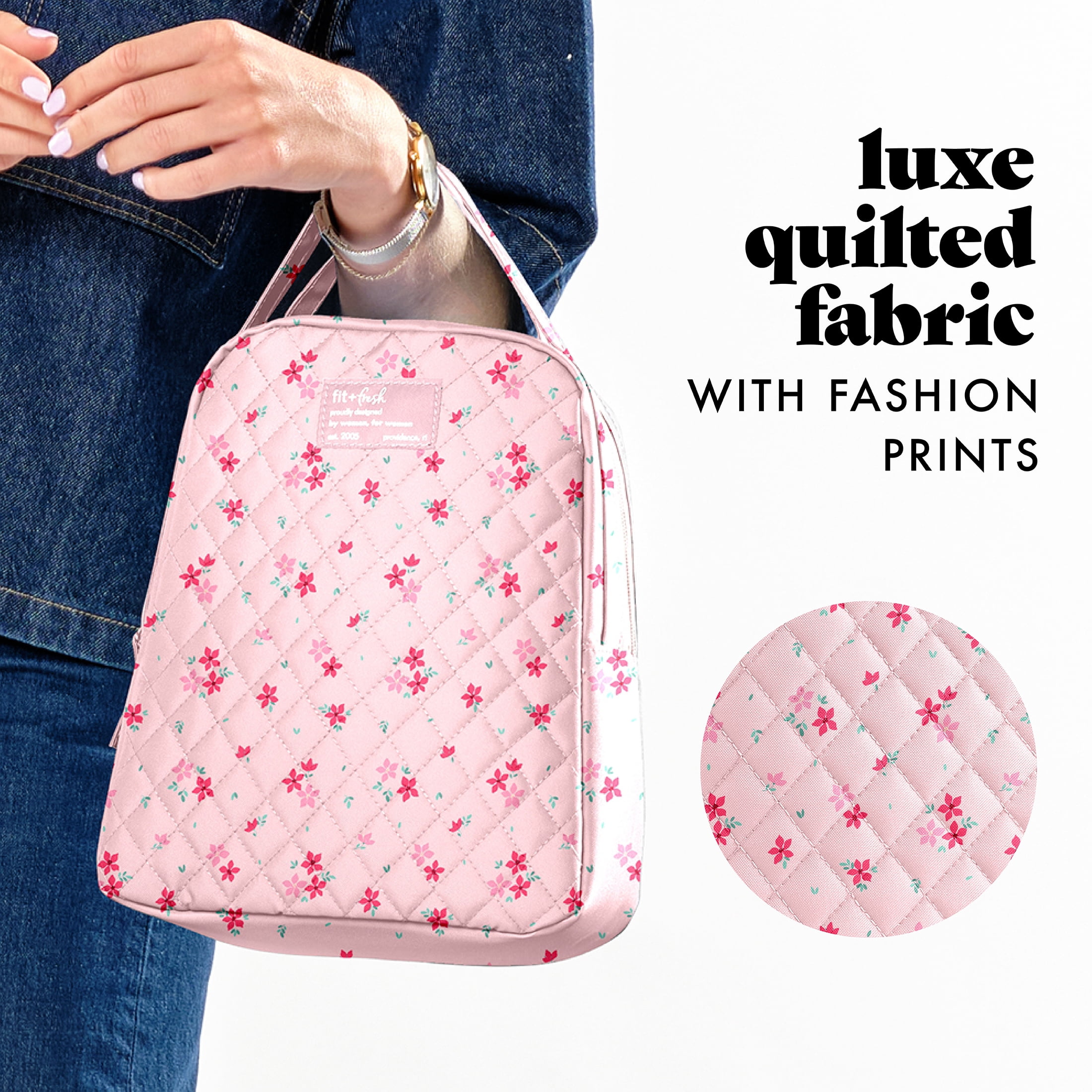Fit & Fresh Evelyn Quilted Lunch Bag for Women, Large Lunch Tote, Reusable Insulated Lunch Bag for Work, Stylish Lunch Box, Pink Dainty Flowers, Designed to Help with Daily Commutes