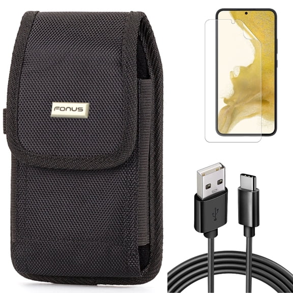 Case Belt Clip & Matte Screen Protector & 6ft USB Cable for Samsung Galaxy S22 (6.1") - Rugged Holster & TPU Film Anti-Glare & Type-C Charger Cord Accessory Bundle