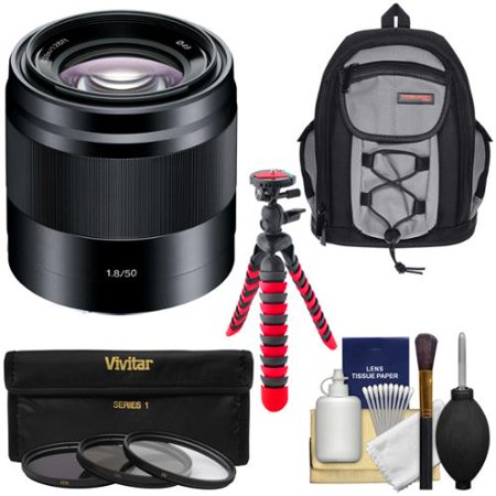 Sony Alpha E-Mount 50mm f/1.8 OSS Lens (Black) with Sling Backpack + 3 Filters + Flex Tripod Kit for A7, A7R, A7S Mark II, A5100, A6000, A6300