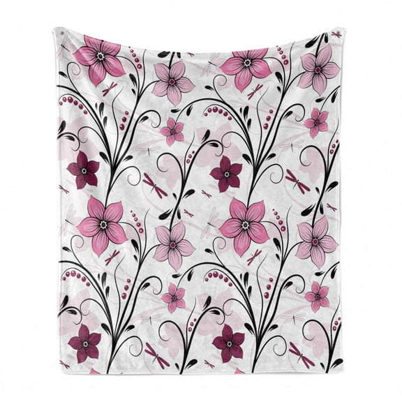 Dragonfly Soft Flannel Fleece Throw Blanket, Shabby Form Floral Swirled Leaves and Florets Illustration, Cozy Plush for Indoor and Outdoor Use, 50" x 60", Pale Pink Dried Rose, by Ambesonne